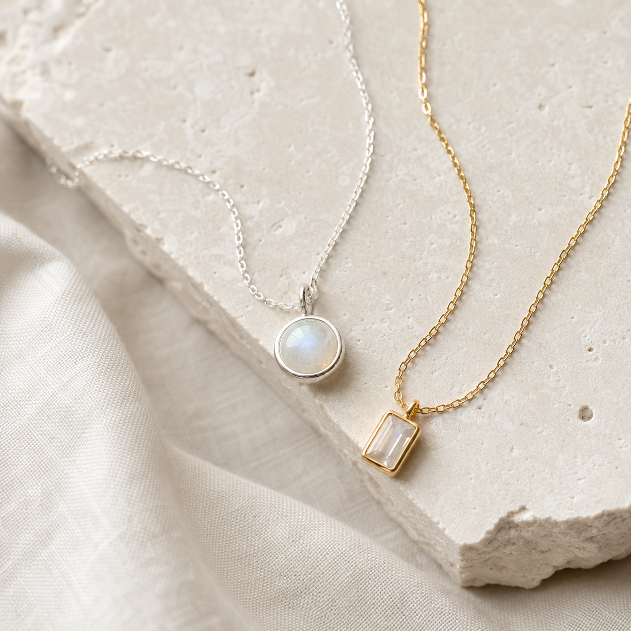Delicate silver and gold plated necklaces on a pale stone surface